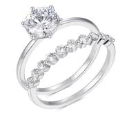 Marriage Ring, Statement Rings 2 Ring Set White Gold with Round Shape 1ct Moissanite Platinum 950 Size J 1/2