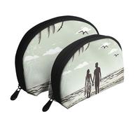 Married Couple Walking On The Beach Portable Shell Makeup Bag Set (2 Pieces), Zippered Travel Toiletry Bag for Cosmetics