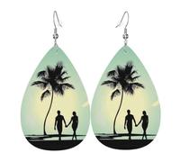 Married Couple Walking on The Beach Print Faux Leather Dangle Earrings Teardrop
