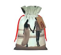 Married Couple Walking on The Beach Printed Christmas Drawstring Bags Reusable Xmas Bag for Party Xmas Gift Wrapping, Red Ribbon, S