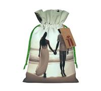 Married Couple Walking on The Beach Printed Christmas Drawstring Bags Reusable Xmas Bag for Party Xmas Gift Wrapping, Green Ribbon, S