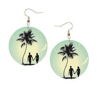 Married Couple Walking On The Beach Printed Leather Earring Set For Women, 1 Pair Lightweight Bohemian Pierced Earrings Jewelry Gift For Women Girls