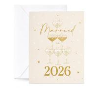 Married in 2026 Congratulations Card - Elegant Wedding Greeting Card for Newlyweds - Gold Champagne Glass Design - Wedding Day Keepsake Card for Couple