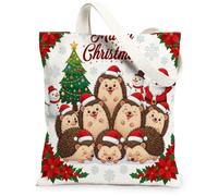 Marry Christmas Tree Hedgehog Canvas Tote Bag for Shopping 13x15, Xmas Santa Snowman Reusable Grocery Print Pattern Bag for Women, Holiday Aesthetic Painting Gift Decor