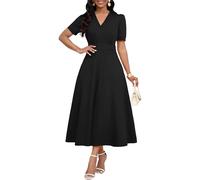 MarryUP Womens Midi Dresses V Neck Cocktail Church Tea Dresses Short Sleeve A-Line Swing Dresses, 002-black, 3XL
