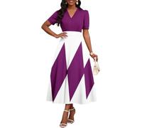 MarryUP Womens Midi Dresses V Neck Cocktail Church Tea Dresses Short Sleeve A-Line Swing Dresses, 010-purple, L