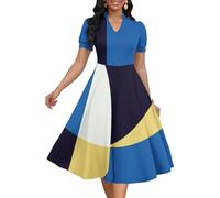 MarryUP Womens Short Puff Sleeve V Neck Casual Semi-Formal Cocktail Party A-Line Dress, 015blue Yellow Block, XL