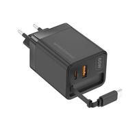 Mars Gaming MD-GAN65R, Ultra-compact USB-C Charger 65W, Fast Charging QC 3.0 and PD 3.0, GaN Technology, Flat Retractable Cable 65cm, 9 Protections, USB-A and USB-C Port, European Type C Plug, Black