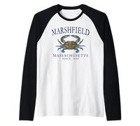 Marshfield Massachusetts Crab Since 1640 Navy Blue Letters Raglan Baseball Tee