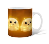 Marshmallow Ceramic Coffee Mug, Cozy Fanciful Fairy Lights Smiling Faces Fall Warm Yellow Novelty Work Drinking Mugs with Handle Gift for Friends Family Lovers Eldership Senior Co-Worker 15 Oz