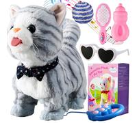 Marsjoy Gray Leash Walking Cat Set Interactive Talking Singing Dancing Kitten Mimicking Repeat What You Say Kitty Touch and Voice Control Nodding Wagging Tail Electric Kitty