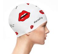 Marsolly Silicone Swim Cap for Women, Waterproof Long Hair Swimming Caps with Stripe Printed (Lips)
