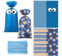 Marspark 100 Pcs Cartoon Monster Goodie Bags with Ties 10.8 x 5 Inch Blue Cookies Gift Cellophane sacks Birthday Party Candy Monster Snack Bags for Girl Boy Baby Shower Party Supplies Decorations