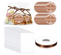 Marspark 100 Sets Baptism Gift Bags 6 x 9 Inch Religious Gift Bags with Mi Bautizo Stickers and Ribbons First Communion Party Favors for Baptism Baby Shower Christening Decorations(Golden Brown)