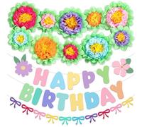 Marspark 13 Pcs Flowers Birthday Decorations Set Include Happy Birthday Banners Felt Bow Garland and Colorful Tissue Paper Flowers Party Decorations for Party Backdrop Photo Wall Decor