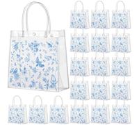 Marspark 20 Pcs Blue Floral Goodie Bags Chinoiserie Clear PVC Gift Bags Bridal Shower Gift Bag with Handles Something Blue Before I Do for Wedding Birthday Baby Shower Party Supply