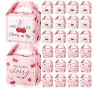 Marspark 24 Pcs Cherry Treat Boxes Pink Favor Bags with Handles She Is Cherry on the Top Candy Boxes Thank You Party Bags Gifts for Birthday Bridal Shower Baby Shower Wedding Supplies