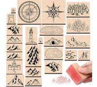 Marspark 24 Pcs Compass Mountains Stamp Combo Map Making Rubber Stamp Kit Compass Outdoor Scenery Stamps for RPG Adventures, Storytelling, and Creative Projects