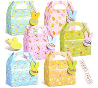 Marspark 24 Pcs Easter Treat Boxes Paper Easter Gift Box Colorful Party Favor Gable Boxes Easter Candy Cake Cookie Holder with Handle 24 Bunny Tags 16.4 Ft Cotton String for Holiday (Cute Style)