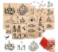 Marspark 24 Pcs Map Stamps Combo Map Making Rubber Stamp Kit Compass Outdoor Scenery Stamps for Adventures, Storytelling, and Creative Projects (Building)