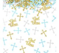 Marspark 300 Pcs Baptism Confetti Glitter Cross God Bless Table Confetti Cross Decorations for Baptism First Communion Baby Shower Birthday Gender Reveal Party Supplies(Blue, Gold, White)