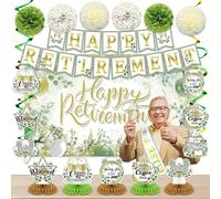 Marspark 36 Pcs Sage Green Retirement Party Decorations Greenery Retirement Banner, Honeycomb, Swirl Paper, Pompom and Retired Sash for Party Backdrop Home Office Centerpiece Supplies