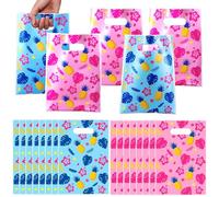 Marspark 50 Pcs Cartoon Party Favors Gift Bags Blue and Pink Hawaiian Themed Candy Treat Plastic Bags Palm Leaves for Summer Tropical Aloha Birthday Party Favor (New Style)
