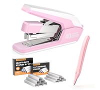 Marsrock Effortless Heavy Duty Desktop Stapler, 40 Sheet Capacity, 1-Finger Press Stapling, Ergonomic & Easy to Load, Includes 2000 Staples and Magnetic Staple Remover Pink