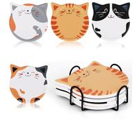 Marstey 4pcs Cat Coasters With Holder, Ceramic Coaster With Cork Bottom,Water-Absorbent Cute Drink Coasters,Cat Cartoons Ceramic Coaster For Cat Lovers Coffee Mugs Table Desk Decor Bar Gift（4 In）