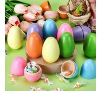 Marsui 12 Pcs Fillable Easter Colorful Wooden Eggs Basket Stuffers Hollow Wooden Easter Fake Eggs Hunt DIY Painting Art Craft Decorations Spring Home Decor