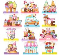 Marsui 12 Pcs Summer Ice Cream Table Wooden Decorations Ice Cream Table Centerpiece Tiered Tray Decor Signs Party Decorations Truck Gnome Home Decor for Birthday Party Summer Party Supplies