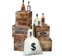 Marsui 13 Pcs Roaring 20s Party Decorations Photo Backdrop Speakeasy Decor Including 5 Wood Grain Boxes 4 Whiskey Bottle Cardboards and 4 Dollar Sacks for Retro Jazz Twenties 1920 Party
