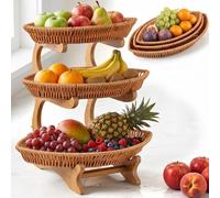 Marsui 3 Tier Rattan Fruit Basket Stand for Kitchen Counter with 3 Plastic Woven Fruit Trays, Multi Layer Fruits Bowl Organizer, Large Capacity Snack Tray Holder for Bread Veggies Home Dining Room