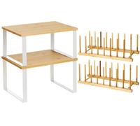 Marsui 4 Pcs Kitchen Organizer Accessories Set Cabinet Organizer Shelf and Bamboo Dish Drying Plate Rack Counter Shelves Storage Holder for Spice Rack, Dish, Pot Lid, Bowl, Cup(Wooden Color)