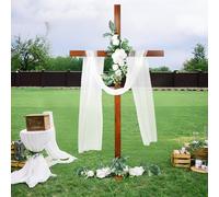 Marsui 67 Inch Extra Large Wood Cross with 3 Pcs Wedding Arch Faux Flowers and 1 Silk Veil for Wedding Jesus Christ Catholic Crafted He is Risen Outdoor Decor for Party Communion Church Decor