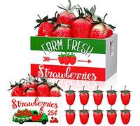 Marsui Strawberry Mini Wooden Crate Farmhouse Rustic Summer Tiered Tray Decor with 10 Fake Lifelike Strawberries Decoration for Fall Thanksgiving Kitchen Home Table Decor Party Centerpiece