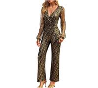 Mart Women's Sexy Sparkly Jumpsuits Dressy Slim Fit Jumpsuit Ladies Charlie Plunging Jumpsuit Silver Hot Metallic Playsuit Hollow Lace Long Sleeve Evening Dress Party Prom Festival Outfit Gold
