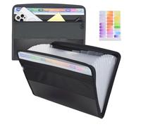 Marte Vanci Expanding File Folder A4 Document Organiser Zipper Closure File Folder Organiser 13 Pockets Plastic Accordion Filling Box with Coloured Labels for Paperwork Stationery Office School Black