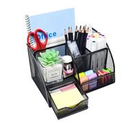 Marte Vanci Mesh Desk Organiser, Metal Pen Holder Office Desktop Pen Pot Tidy Caddy with Drawer 7 Compartments Multifunctional Storage Organiser for Pencils Stationery Home School Craft Supplies