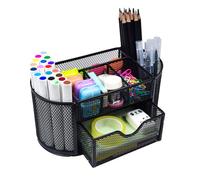 Marte Vanci Mesh Desk Organiser, Metal Pen Holder Office Desktop Pen Pot Tidy Caddy with Drawer 9 Compartments Multifunctional Storage Organiser for Pencils Stationery Home School Craft Supplies