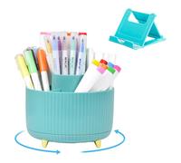 Marte Vanci Pen Holder for Desk, 360° Rotating Desk Organiser Pencil Pot, Makeup Brush Holder 5 Slots with Phone Stand, Desktop Stationery Supplies Storage Tidy Caddy for Office Home Blue