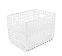Marte Vanci Plastic Storage Baskets, Collapsible Crate with Handles, Stackable Organising Bins for Shelves, Desk, Cupboard, Handy Organiser Bin for Kitchen Pantry Bathroom Bedroom White 2 Pack