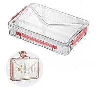 Marte Vanci Plastic Storage Box with Lid, Clear A4 File Box Portable Project Case with Handle Transparent Organiser for Photo Craft Storage Document Letter Paper Scrapbook Stationery Magazine Red