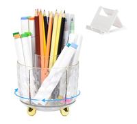 Marte Vanci Rotating Pen Pencil Holder, Clear Desk Makeup Organiser 360° Rotation Brush Holder with Phone Stand, Pen Pot Organiser 6 Slots Storage Caddy for Dressing Table Office Stationery Clear Gold