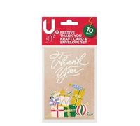 Martello Kraft Style Christmas Xmas Festive Thank You Cards & Envelopes Set - Pack of 10