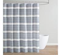 Martha Stewart Adrien Farmhouse Shower Curtain, Neutral Color Striped Design with Pleated Accent, Soft Woven Fabric Shower Curtain Boho Modern Bathroom Décor, Machine Washable 72" x 72", Denim