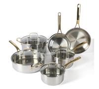 Martha Stewart Castelle 10 Piece Stainless Steel Induction Safe Pots and Pans Non-Toxic Kitchen Cookware Set - Gold Handles