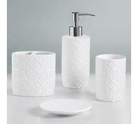 Martha Stewart Ceramic Bathroom Accessories Set, Vanity Decor Storage Organizer, Embossed Damask Medallion, Lotion/Soap Dispenser, Toothbrush Holder, Tumbler, Trinket Dish, Assorted Sizes White