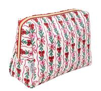 Martha Stewart Festive Quilted Makeup Bag, Compact Cosmetic Organizer for Women, Small Zipper Pouch with PVC Lining, 8.75" x 4" x 6" (Holiday Bow Stripe)