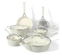 Martha Stewart Heathland Premium Nonstick PFA Free Ceramic Interior 10-Piece Tapered Aluminum Cookware Set - Linen White